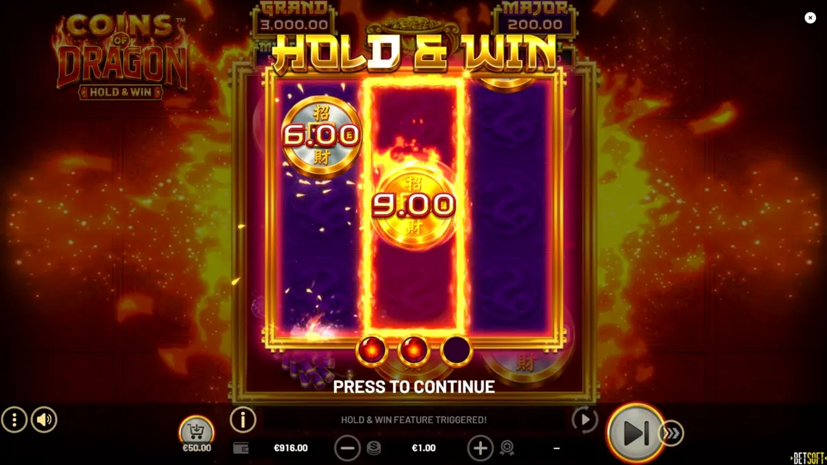 Interface do jogo de slot Coins of Dragon com tema oriental e dragão dourado.